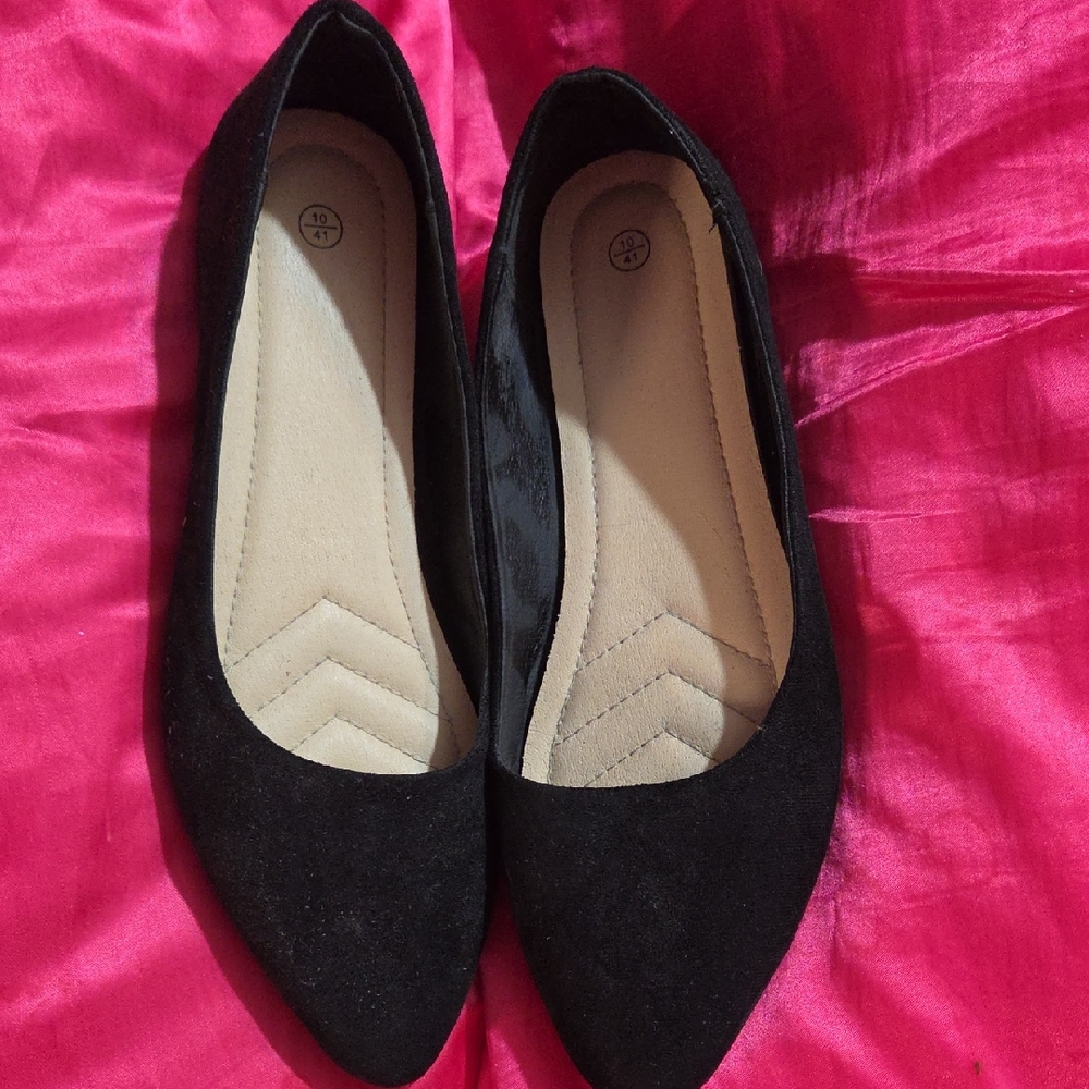 Black Pointed Toe Women's Flats - Classic Suede Look
